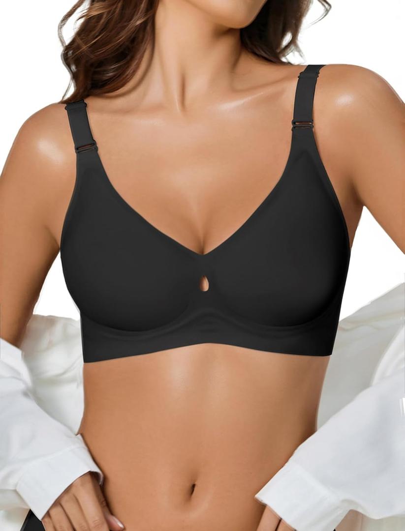 Womens Wireless Jelly Bras Seamless Bra No Underwire Full Coverage Padded Bralette Comfortable Everyday Bras (Large, Black)