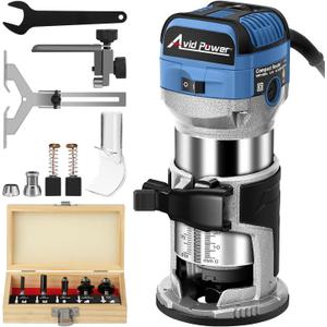 AVID POWER 6.5 Amp 1.25 HP Compact Router Tools for Woodworking, Fixed Base Wood Router with Trim Router Bits, 6 Variable Speeds, Edge Guide, Roller Guide, Dust Hood (Blue, 65mm)