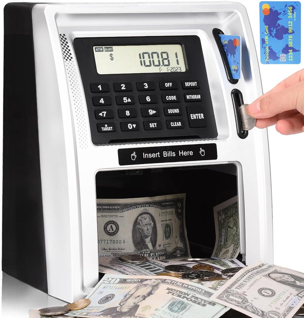 Kids Talking ATM Piggy Bank for Real Money with Dual Debit Cards, Power-Off Memory, Auto-Opening Drawer, Onekey Shutdown, Bill Feeder, Coin Recognition, Balance Calculator Machine (Black)