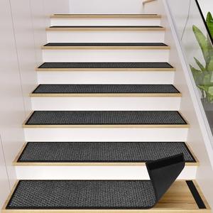 GOYLSER Peel and Stick Adhesive Stair Treads for Wooden Steps Indoor Set of 15 Pack, Rubber Backed Non Slip Jute Stair Rug Step Pads for Pet Dog, Elders and Kids, Black