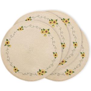 Whaline 4Pcs Sunflower Embroidered Placemats Spring Summer Floral Round Place Mats Dinner Table Mats for Home Holiday Birthday Baby Shower Party Decor