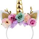 Nishine Unicorn Horn Floral Headband Glitter Ears Pony Head Bands Tiara for Girls Party Birthday Cosplay (Gold&mint)