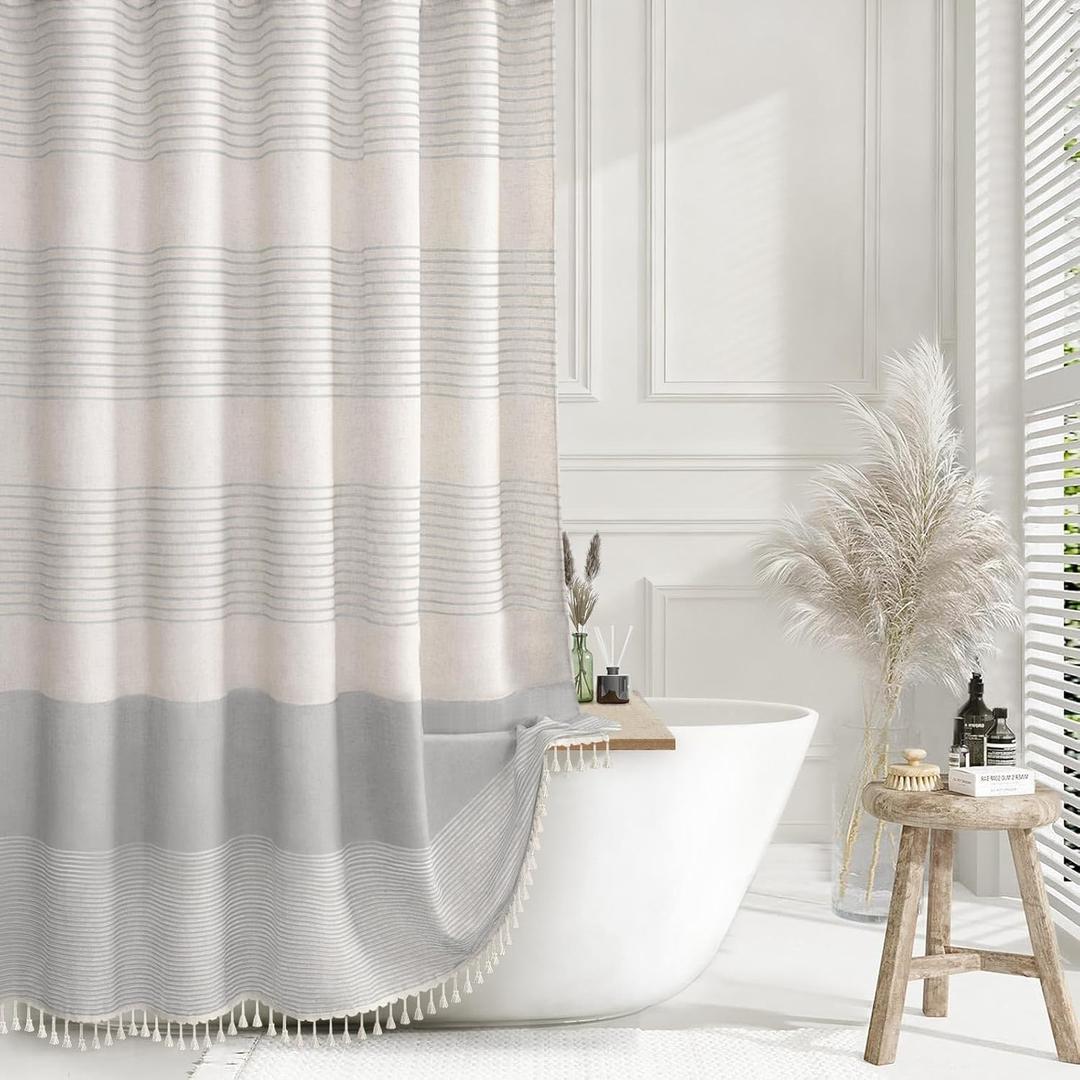 Grey Shower Curtain Farmhouse Linen Striped Shower Curtains for Bathroom with Tassel 72 X 72