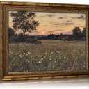 Vintage Gold Framed Canvas Wall Art Rustic Floral Field Nature Landscape Painting Picture Wall Decor Twilight Firefly Poster Print Artwork for Living Room Bedroom Home Decoration