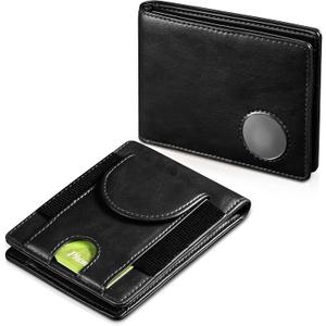 Men's Slim RFID Wallet: Leather Ultra Thin Billfold for 14 Cards with Hidden AirTag Holder, Cash Pocket & Gift Box, Black
