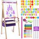 Art Easel for Kids Ages 4-8, Premium Whiteboard & Chalkboard with 3 Paper Roll, Adjustable Double-Sided Easel Stand, Perfect Birthday Halloween Thanks Giving Christmas Gifts (Purple)