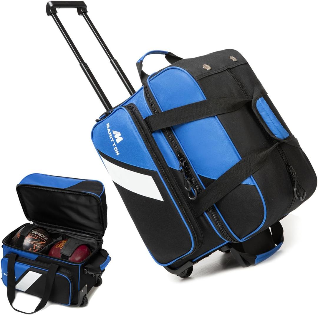 Bowling Bag with Wheels Double Roller 2 Ball Bowling Separate Shoe Compartment and Oversized Accessory Pocket, 36.6" Extendable Handle. (BLUE)