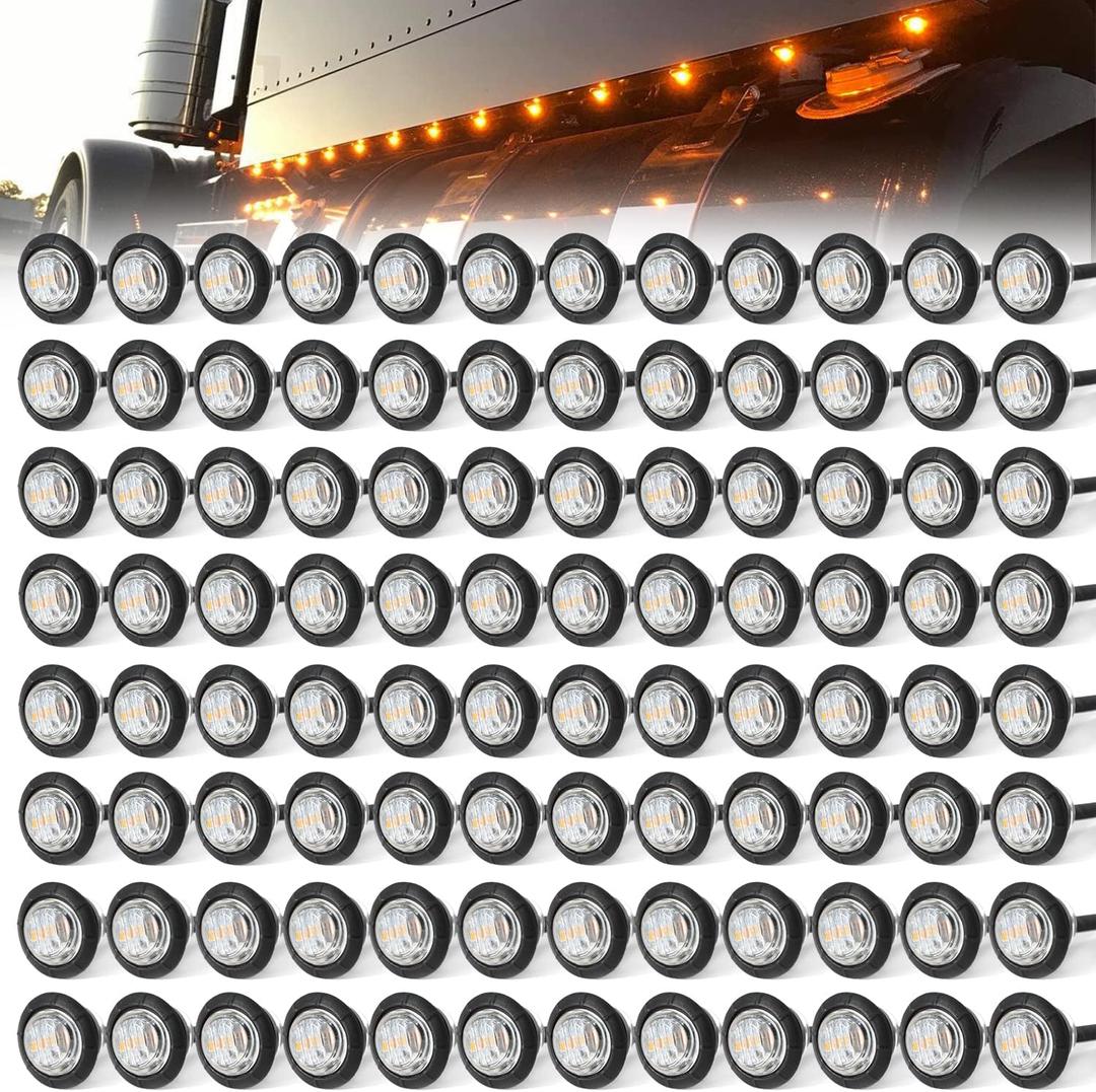 3/4" Round 3 LED Side Marker Clearance Lights Front Rear Top Marker Indicators Tail Light Waterproof for Trailer Truck Car Bus Van Pickup RV Wrangler ATV UTV (100Pcs Amber LED Lights Clear Lens)