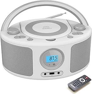 WISCENT Portable CD Player with Bluetooth Boombox, FM Radio Stereo Sound, USB, 3.5mm AUX Port & Headphone Jack, Mains or Battery 