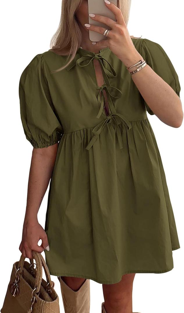 PRETTYGARDEN Womens 2025 Summer Casual Short Sleeve Dresses A Line Bow Tie Front Babydoll Loose Cute Mini Dress with Pockets (Green, S)