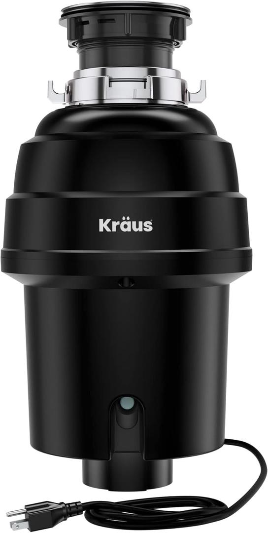 KRAUS WasteGuard 1 HP Ultra-Quiet Garbage Disposal with Quick Connect, Kitchen Sink Drain Cover, Power Cord and Flange Included, KWD100-100MBL