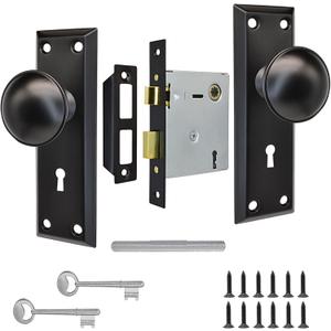 Mortise Lock Set Interior Door with Skeleton Key, Antique Vintage Door Knobs Replacement Hardware Fits 1-3/8" - 1-3/4" Thick Doors, Black, 1 Pack