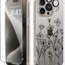 GVIEWIN for iPhone 15 Pro Case Floral, with Screen Protector&Camera Lens Protector,[Non Yellowing] Slim Shockproof Clear Phone Protective Cover for Women, Flower Pattern Design 6.1" (Sketch/Black)