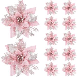 12 Pieces 5.7 Inch Christmas Poinsettia Flower Christmas Glitter Artificial Flower with Clips Xmas Tree Ornament for Wreath Garland Party Decor (Rose Gold)