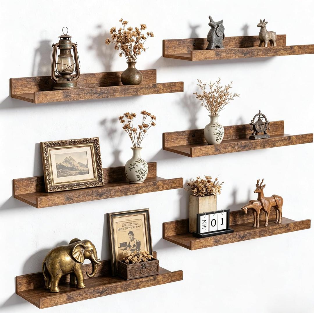 upsimples Floating Shelves for Wall, Wall Shelves for Decor Storage Set of 6, Wall Mounted Wood Shelf for Bedroom, Living Room, Bathroom, Kitchen, Picture Ledge Shelf, Brown