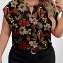 BEAUDRM Women's Plus Size Floral Blouse Retro Cap Sleeve V Neck Vacation Going Out Tops Shirt (XL)