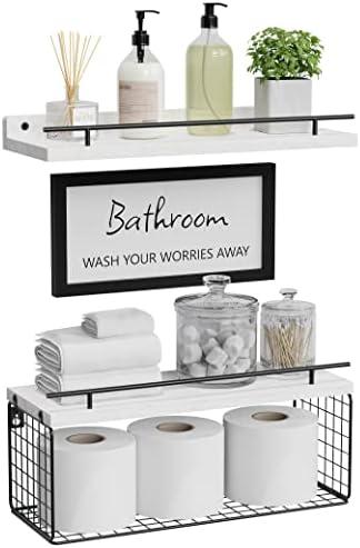 WOPITUES Floating Shelves for Wall Decor Sign, Bathroom Organizer and Storage, Bathroom Shelves Over Toilet with Metal Guardrail-Modern White WOPITUES Floating Shelves for Wall Decor Sign, Bathroom Organizer and Storage, Bathroom Shelves Over Toilet with Metal Guardrail-Modern White