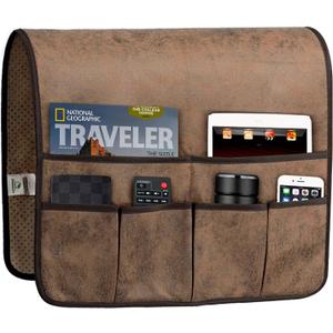 HAOMAIJIA Anti Slip Sofa Armrest Organizer Arm Chair Bedside Caddy Storage Organizer For Recliner Couch With 6 Pockets For Cell Phone Tv Remote Control Magazines (brown) (35 inches  19.3 inches)
