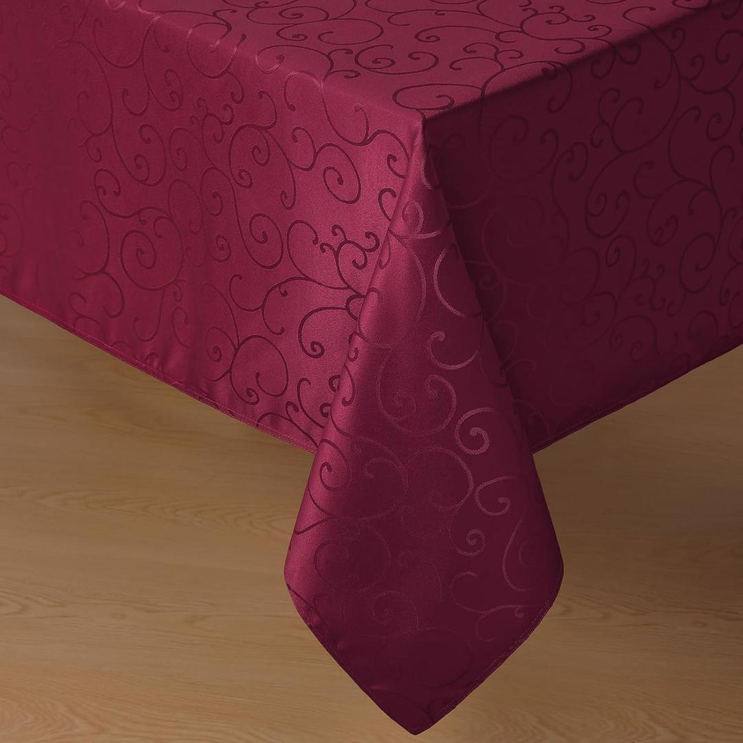 Romanstile Christmas Jacquard Rectangle Tablecloth - Burgundy Waterproof Damask Curly Floral Pattern Decorative Table Cloth, Heavy Weight Fabric Table Cover for Dining/Party/Holiday - 52 x 70 Inch