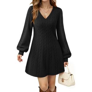 Womens V Neck Long Sleeve Cable Knit Fall Dresses Elegant Babydoll Sweater Dress (Small, Black)