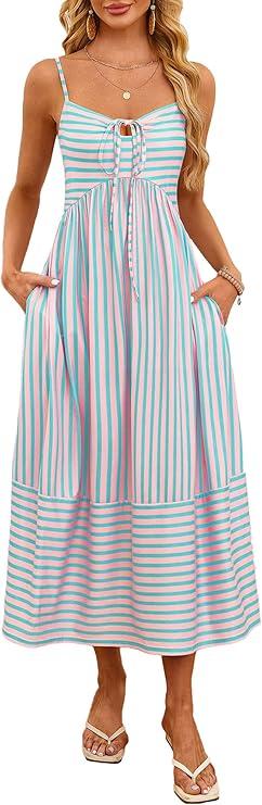 Fashionme Womens Summer Maxi Dresses 2026 Trendy Striped Vacation Boho Beach Spaghetti Strap Sundress Back Tie with Pockets, S
