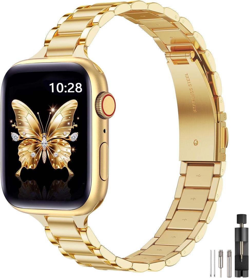 WFEAGL Thin Metal Bands Compatible with Apple Watch Band 46mm 45mm 44mm 49mm 42mm (Series 3 2 1) for Women, Slim Stainless Steel Wristbands for iWatch Ultra SE Series 11 10 9 8 7 6 5 4 (Gold)