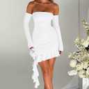 GOKATOSAU Women's Off The Shoulder Long Sleeve 3D Flower Ruffle Hem Bodycon Party Mini Dress White (Small, White)