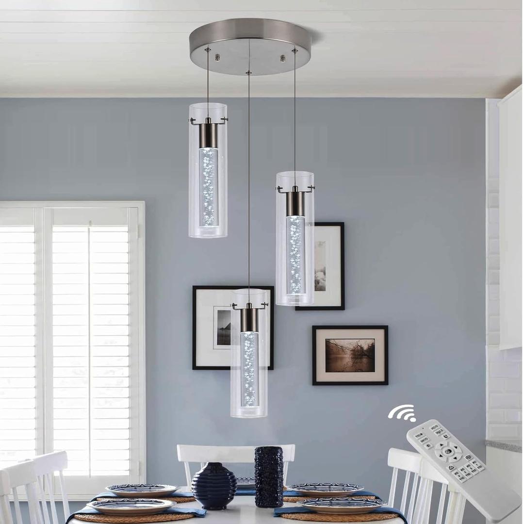 3 Light Kitchen Pendant Lighting Over Island, Modern Pendant Light with Remote Dimmable, Three Color Pendant Lights for Kitchen Island Restaurant, Dining Room, Living Room, Bedroom