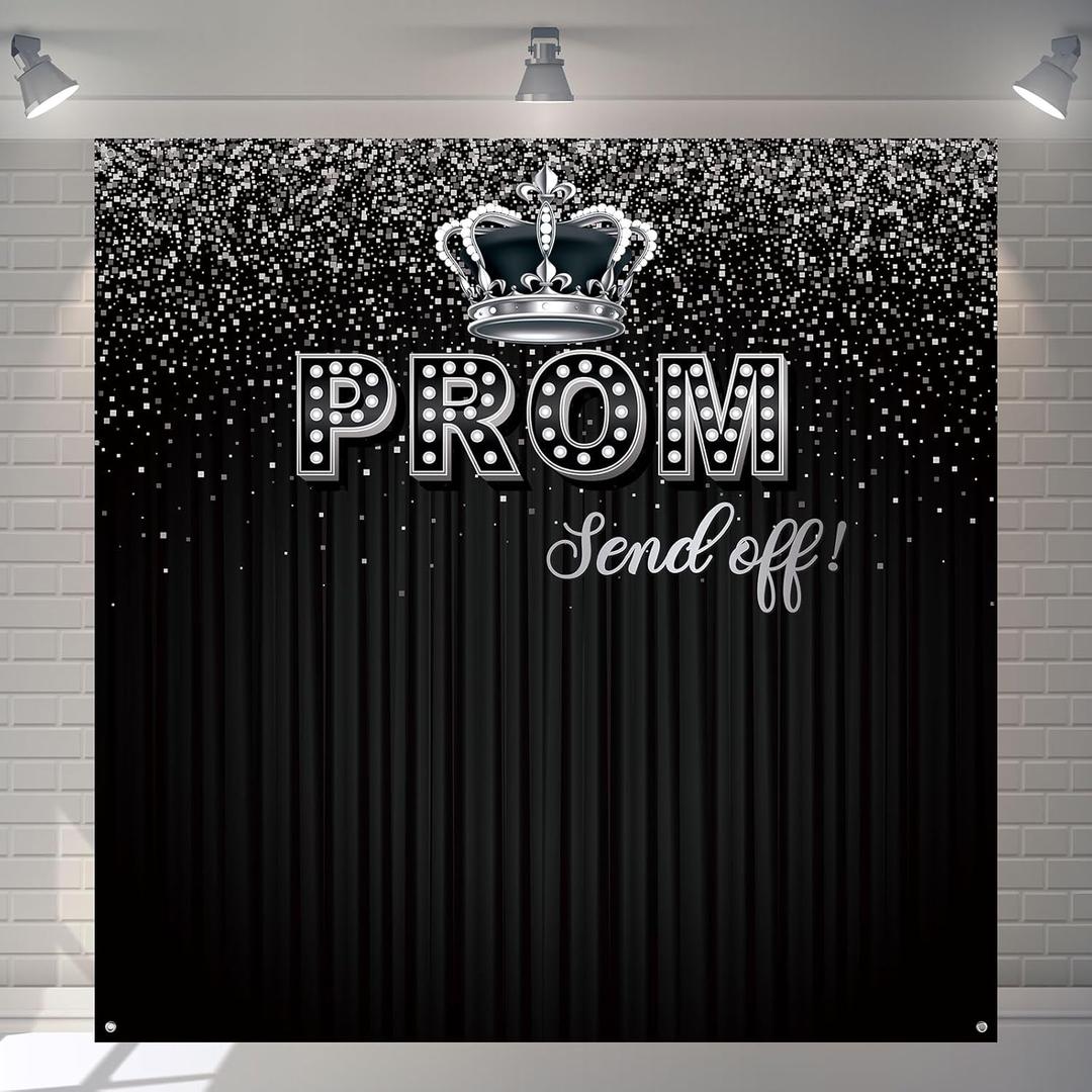 Tiamon Prom Backdrop 2025 Prom Send Off Graduation Party Decoration 71 x 71 Inch Black Glitter Photography Background Congrats Grad Banner Background for Class of 2025 School Party Supplies(Silver)