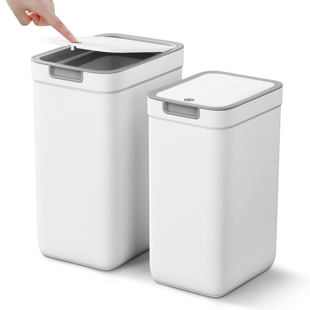 MOPALL 2 Pack Bathroom Trash Can with Lid, 3.6Gal + 2.5Gal Small Garbage Can Set with Pop-Up Lid, Slim Trash Bin Waste Basket for Toilet, Office, Bedroom, Living Room (White)