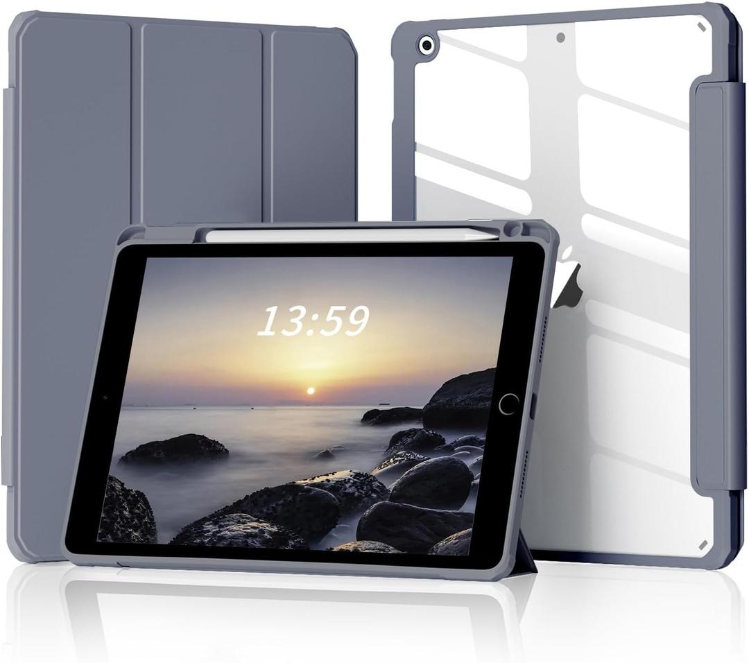 Kenke for iPad 9th Generation Case 2021/iPad 8th Generation Case 2020/iPad 7th Generation Case 2019 iPad 10.2 Inch Case with Left Side Pencil Holder & Hard PC Acrylic Transparent Back Shell (Purple)