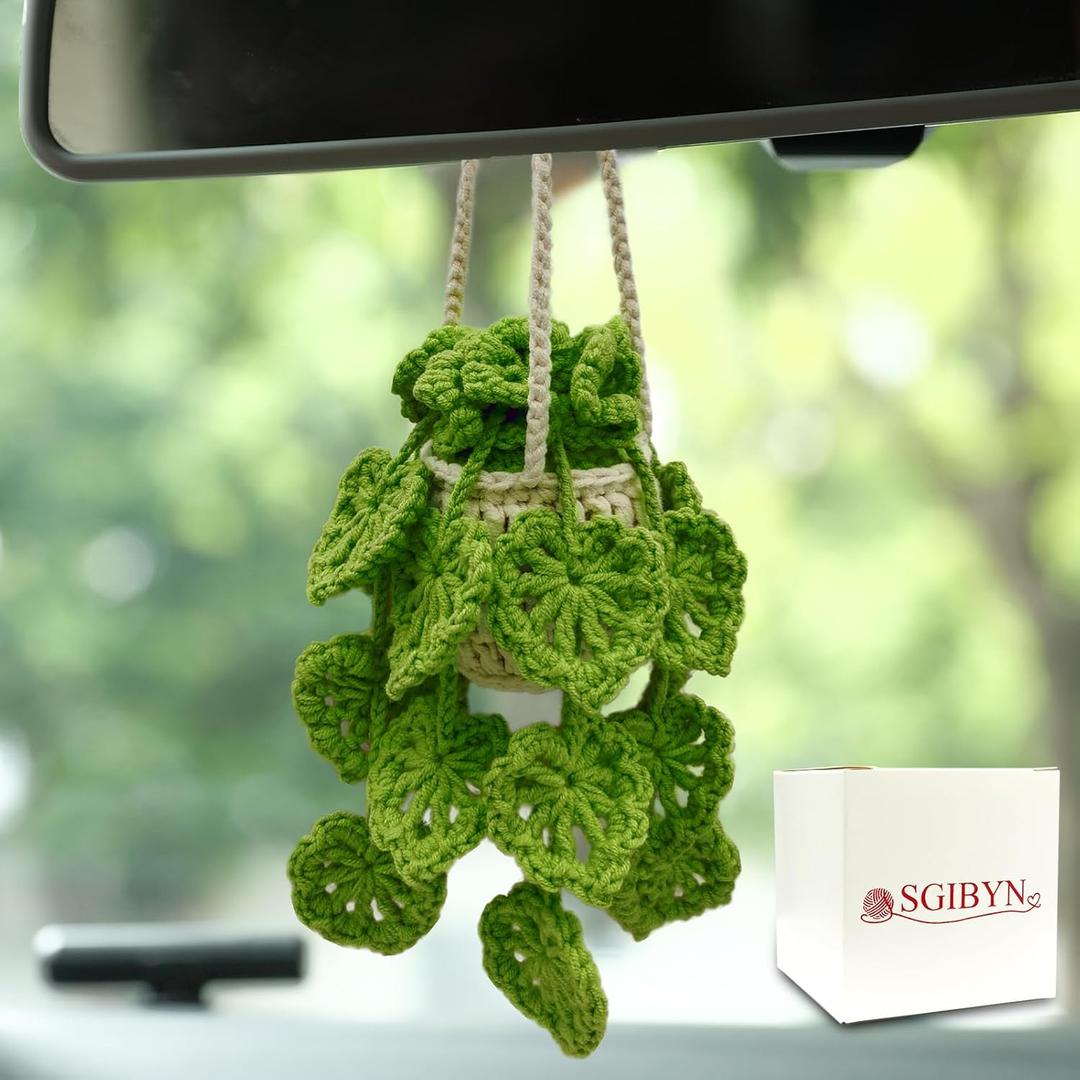 Crochet Hanging Plant for Car,Car Decorations Interior,Plant Aesthetic Car Accessories for Women Interior Cute,Car Ornaments Charms for Rear View Mirror,Boho Car Decoration Gifts (Olive Cutout Leaves)