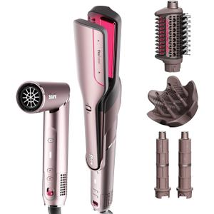 Shark FlexFusion Hair Straightener & Powerful Dryer with Diffuser, Fusion Hair Brush, Ceramic Air Styler with Auto-Wrap Curlers, Ceramic Plates, Cosmic Blush HD642S