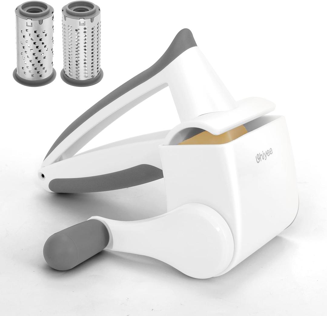 UHIYEE Patented Rotary Parmesan Cheese Grater, Hand Crank Cheese Shredder with Fine & Coarse Drums, Restaurant Quality, White, Stainless Steel & ABS, Dishwasher Safe