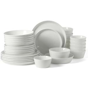 Martha Stewart Selma Plates and Bowls Sets, 30-Piece Porcelain Dinnerware Set for 6, White Dish Set with Dinner Plates, Dessert Plates, Pasta Bowls, Cereal & Fruit Bowls
