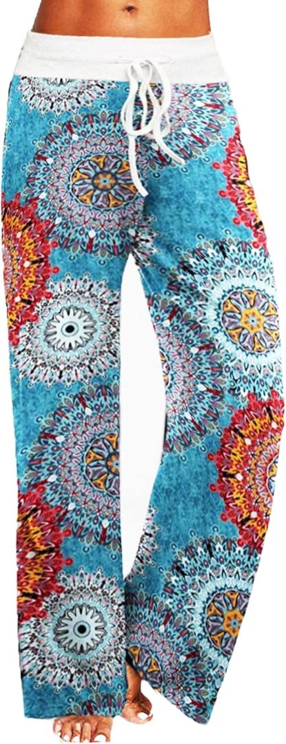 iniber Women's Comfy Pajama Pants Casual Lounge Pant Wide Leg Palazzo Stretch Drawstring Bottoms (3X-Large, Pot Flower)