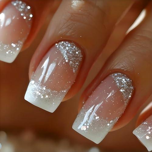 Square Press On Medium French Tips Silver Glitter Acrylic Nails - White Ombre Glue On Shiny Stick On Nude False Nails for Women Girls - 24 Pcs, Set of 2
