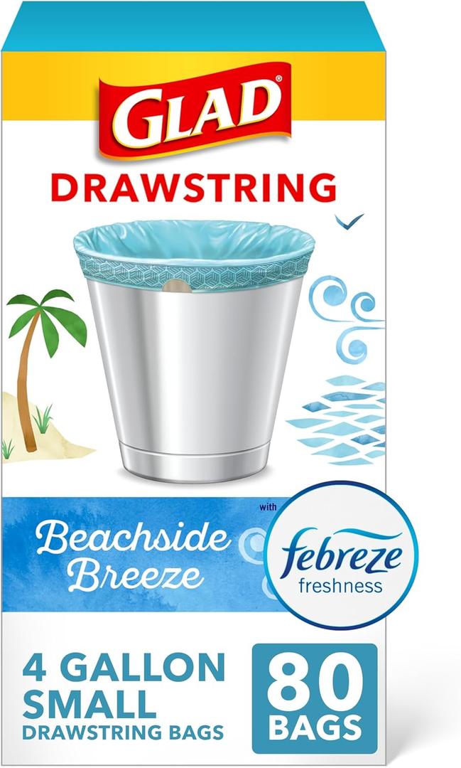 Glad Small Trash Bags 4 Gallon, Febreze Beachside Breeze Garbage Bags, Odor Resistant with Drawstring, 80 Count