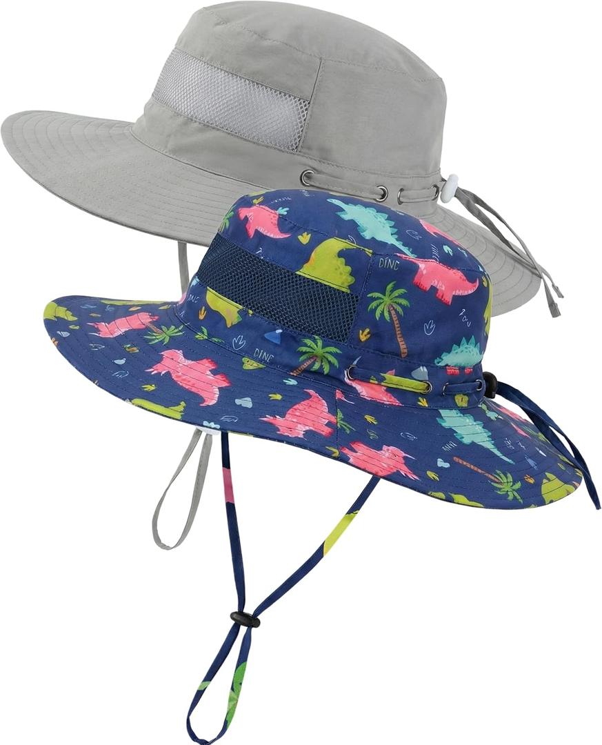 Kids Toddler Sun Hat Summer Sun Hat UV Protection Adjustable Kids Beach Hat with Breathable Mesh for Boys Girls (6-24 Months, Grey+dinosaur)