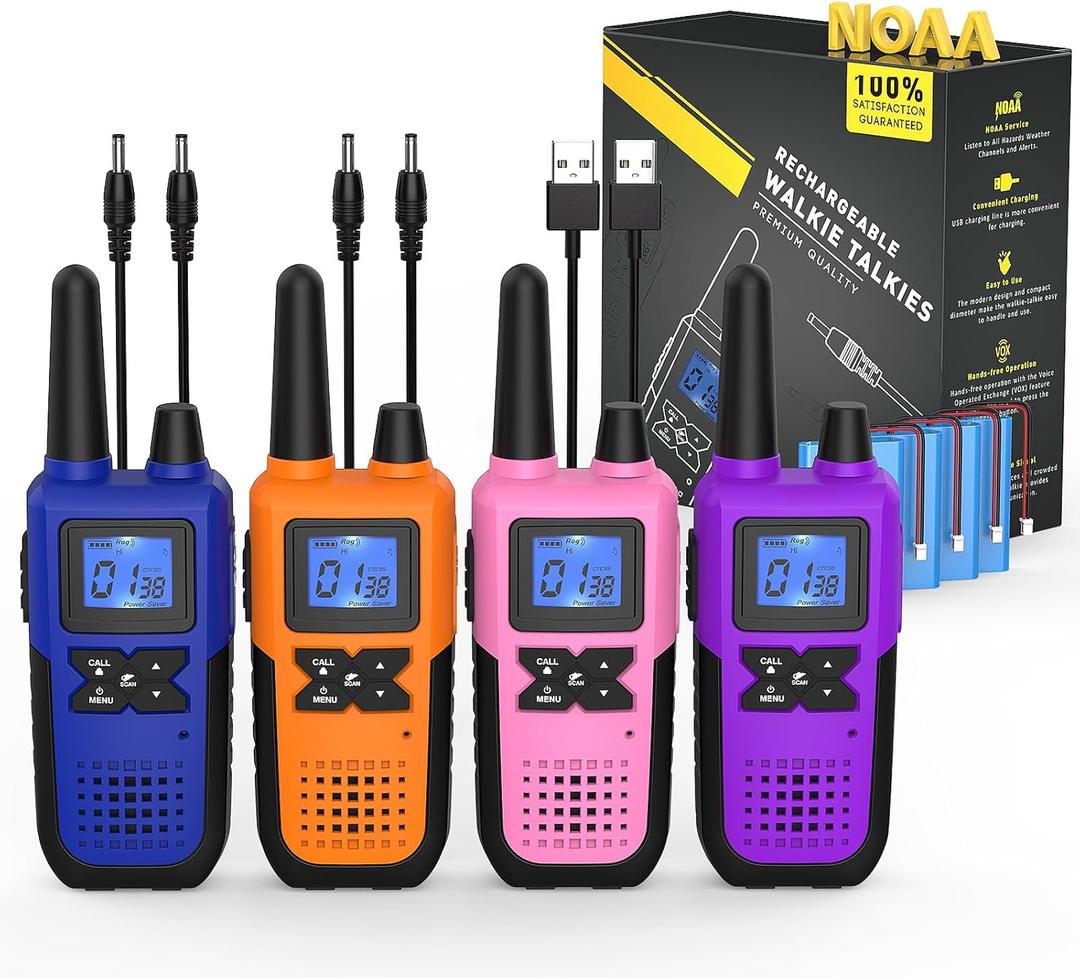 Topsung Walkie Talkies Rechargeable for Adults Long Range with NOAA Weather Alert, Multi-Purpose 2 Way Radios 4 Pack for Team Work Seniors Care Kids Adventure Family Camping Hiking Skiing Cruise (Blue Orange Pink Purple)