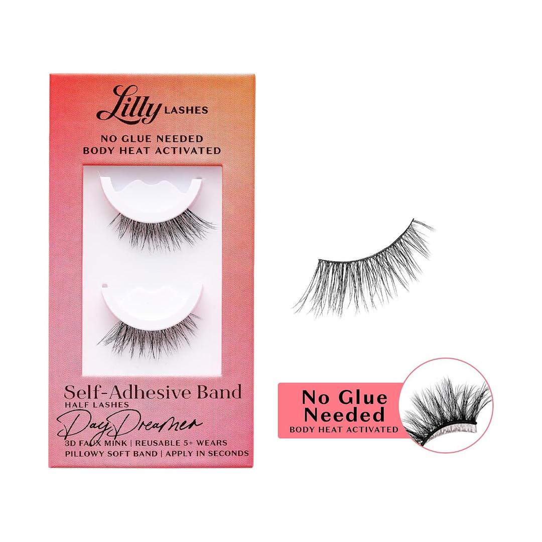 Lilly Lashes Self Adhesive Eyelashes (Half Lashes), No Lash Glue Needed, Body Heat Activated Press on Lashes, Reusable Self Adhesive Eyelashes Up to 5x, Easy to Apply & Remove (DayDreamer)