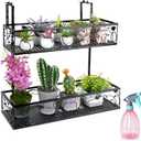 2-Tier Balcony Flower Pot Stand Rack, Hanging Railing Planter Shelf Basket, Height Adjustable Iron Hanging Flower Pot Holder for Balcony Decor Patio Porch Fence Railing