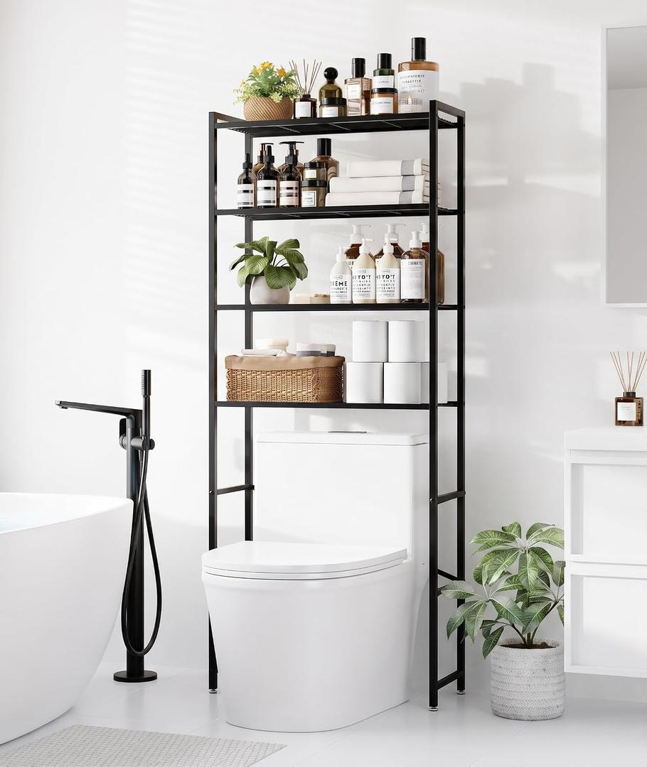 4-Tier Over The Toilet Storage Rack, Bathroom Organizer with One-Piece Metal Mesh Shelves, Over Toilet Shelf with Adjustable Feet & Anti-Tip Kit, Space-Saving Bathroom Storage, Black