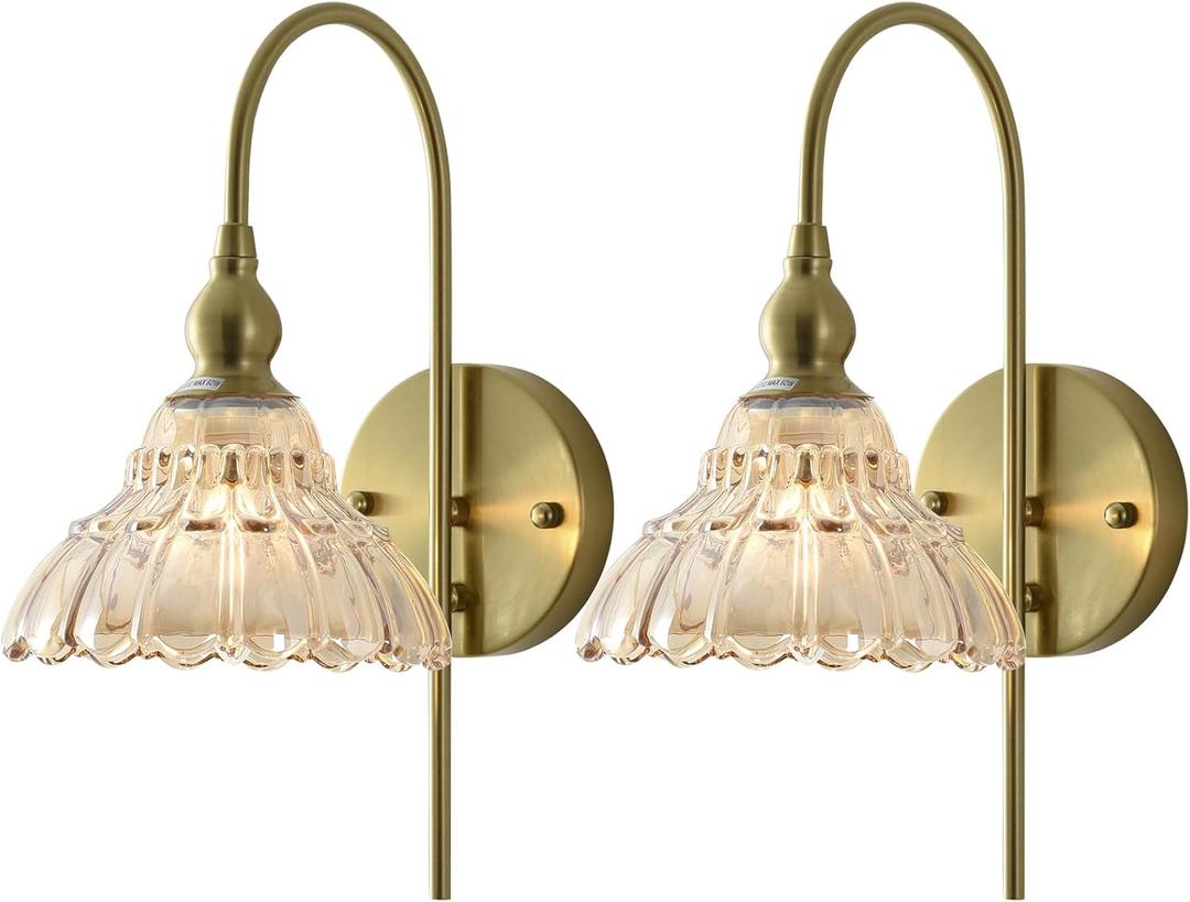 Vintage Wall Sconces with Amber Flower Glass Lampshade, Indoor Bath-Room Wall Sconce, Modern Gold Industrial Lighting Fixture for Mirror Living Room Hallway 2 Pack