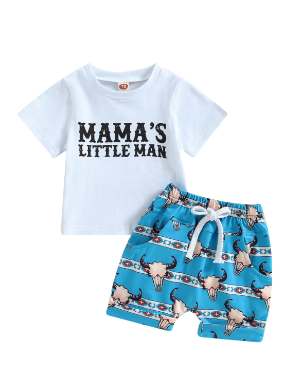 Western-Themed Clothing Set Short-Sleeve Shirt "MAMA'S LITTLE MAN" Graphic and Matching Shorts Cow Skull Print. Size 80