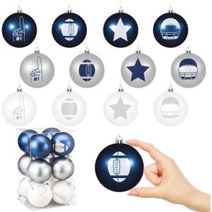 Soulchen 12 Pcs Football Ornaments Set 3.15 Inch Hanging Ball Ornaments Sports Football Themed Birthday Decor with Star Helmet Foam Finger Classic Blue and Grey Color (Transparent Thread)