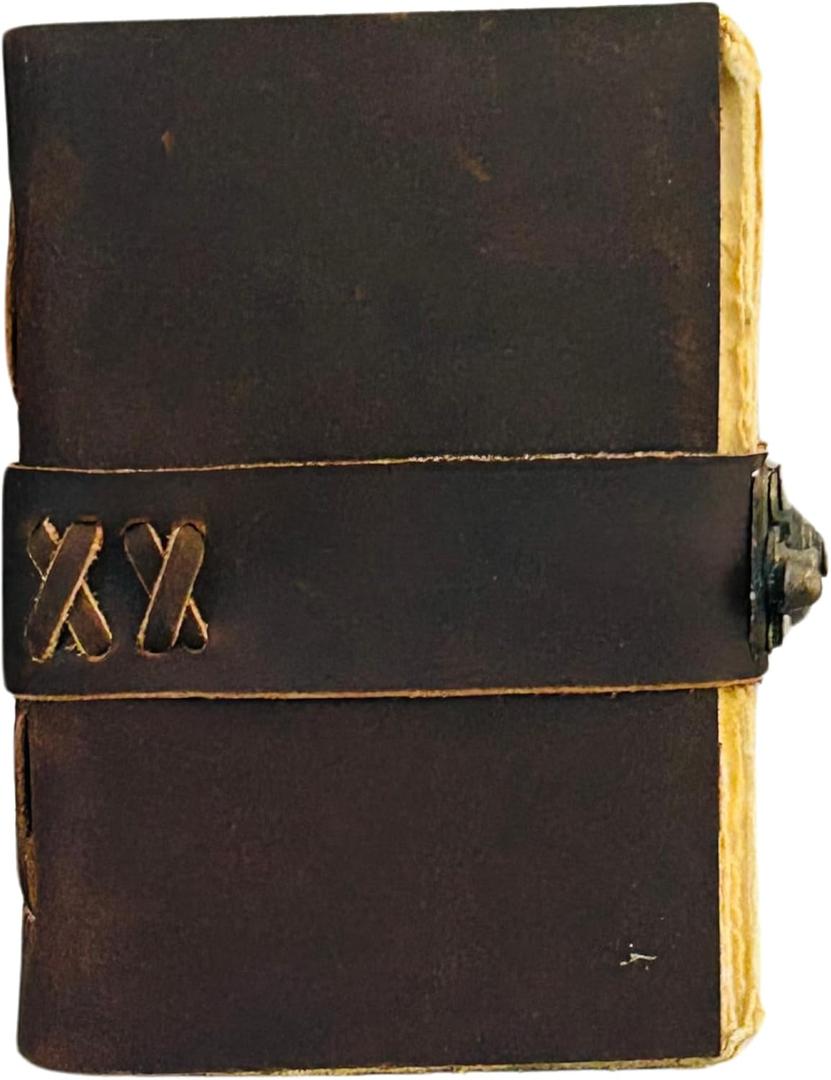 Small Vintage Leather Journal - 4" x 6" book of spell Handmade Leather Bound Vintage notebook- Mini Book of Shadows Journal asethetic Travelers Scrapbook Pocket Sketchbook Leather - Lock Closure - 200 Pages- Rustic Brown Color - christmas gift for Women & Men
