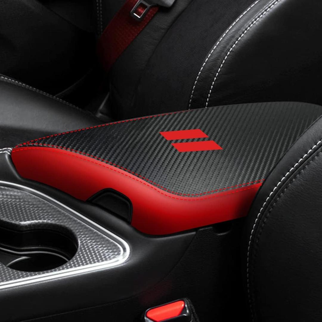 for Dodge Challenger 2015-2023 Car Armrest Cover Waterproof Center Console Pad Covers Scratch Resistance Box Cover Leather Protector Pad Decoration Accessories(Carbon Fiber + Red)