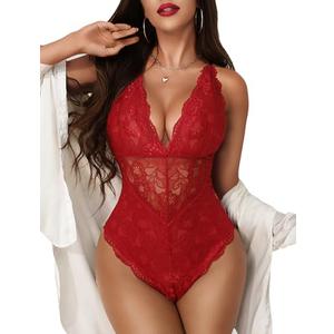 Aranmei Women's Sexy Lace Bodysuit Snap Crotch Lingerie Deep V Teddy One Piece Lace Babydoll Red L