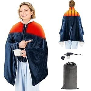 COVBOARD USB Heated Blanket for Keeping Warm, Cordless Wearable Throw with 3 Heat Levels, Battery Operated(No Power Bank Included) Shawl for Outdoor Use(Navy)